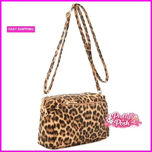 Triple Zip Small Crossbody Bag Faux Leather Adjustable Strap